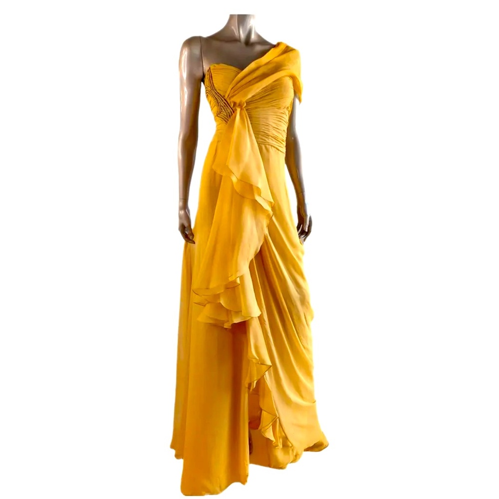 J. Mendel Marigold Yellow Silk Chiffon Ruffle Runway Gown
